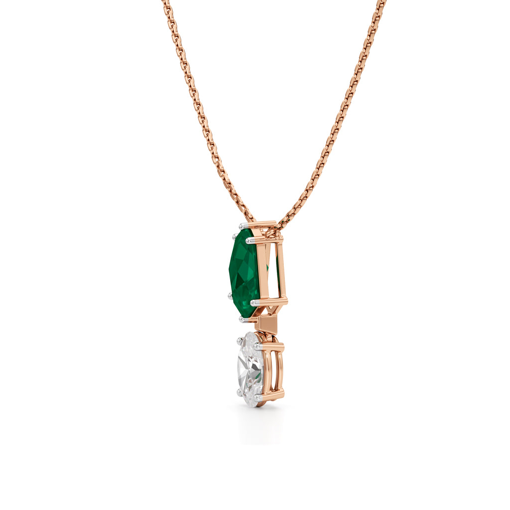 Esmeria Emerald & Oval Diamond Drop Pendant Necklace