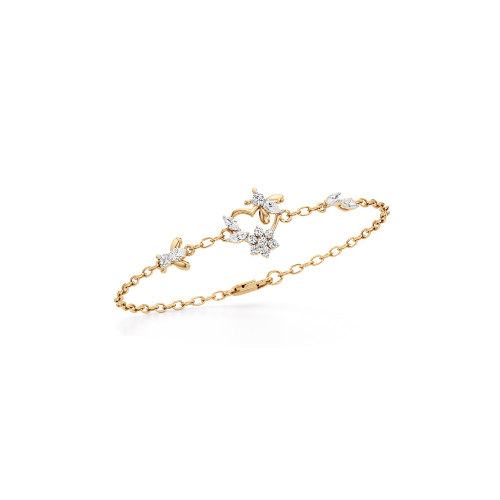 925 Sterling Silver 18K Gold Vermeil Floral Heart Bracelet with Lab Grown Diamonds 7 Inch
