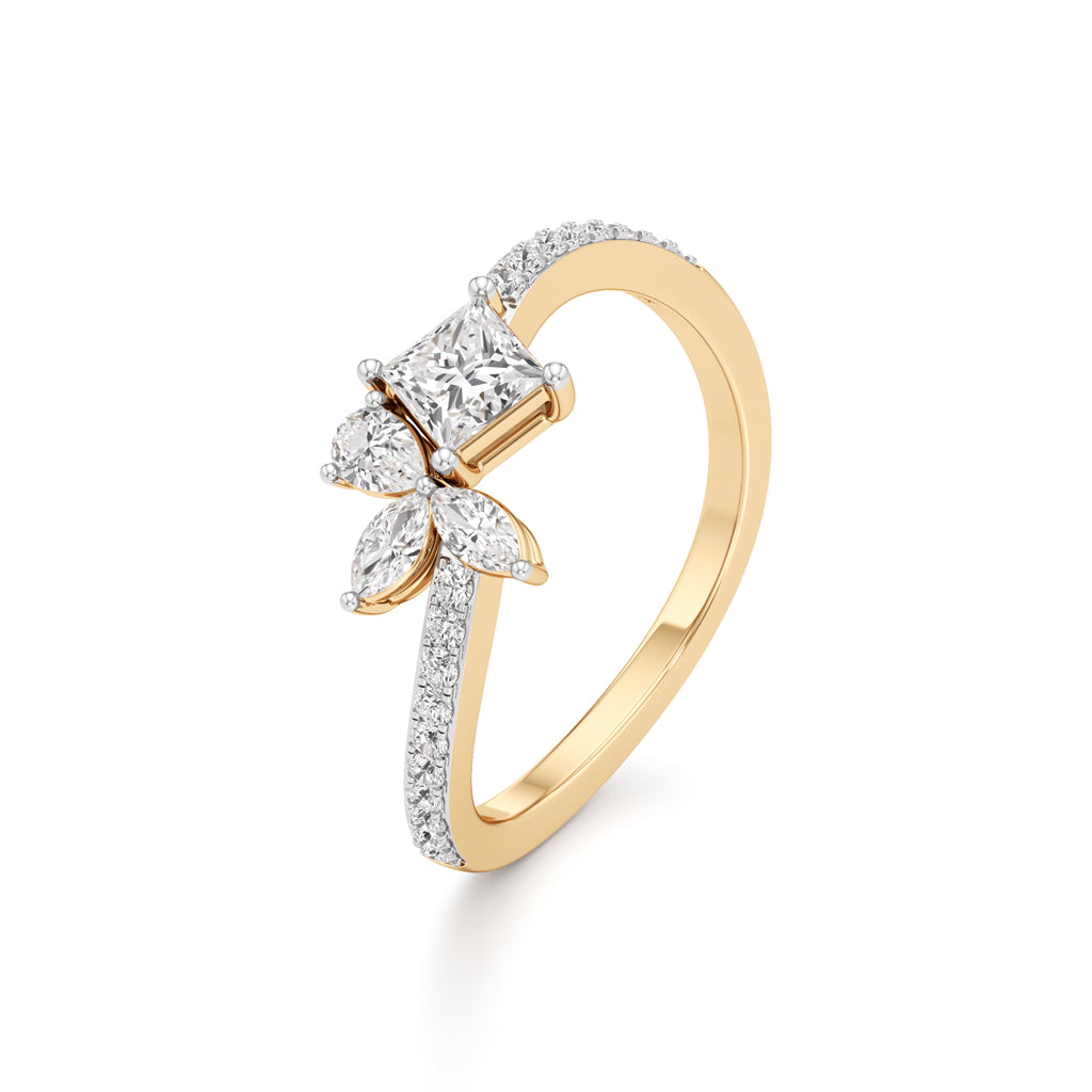 Artisan Princess & Marquise Floral 925 Silver 18k Gold Plated Twisted Bypass Ring