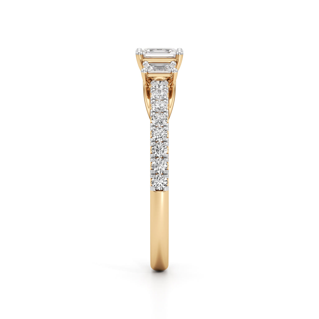 Elite EmeraldCut Trilogy 925 Silver 18k Gold Vermeil Ring with DiamondSet Band