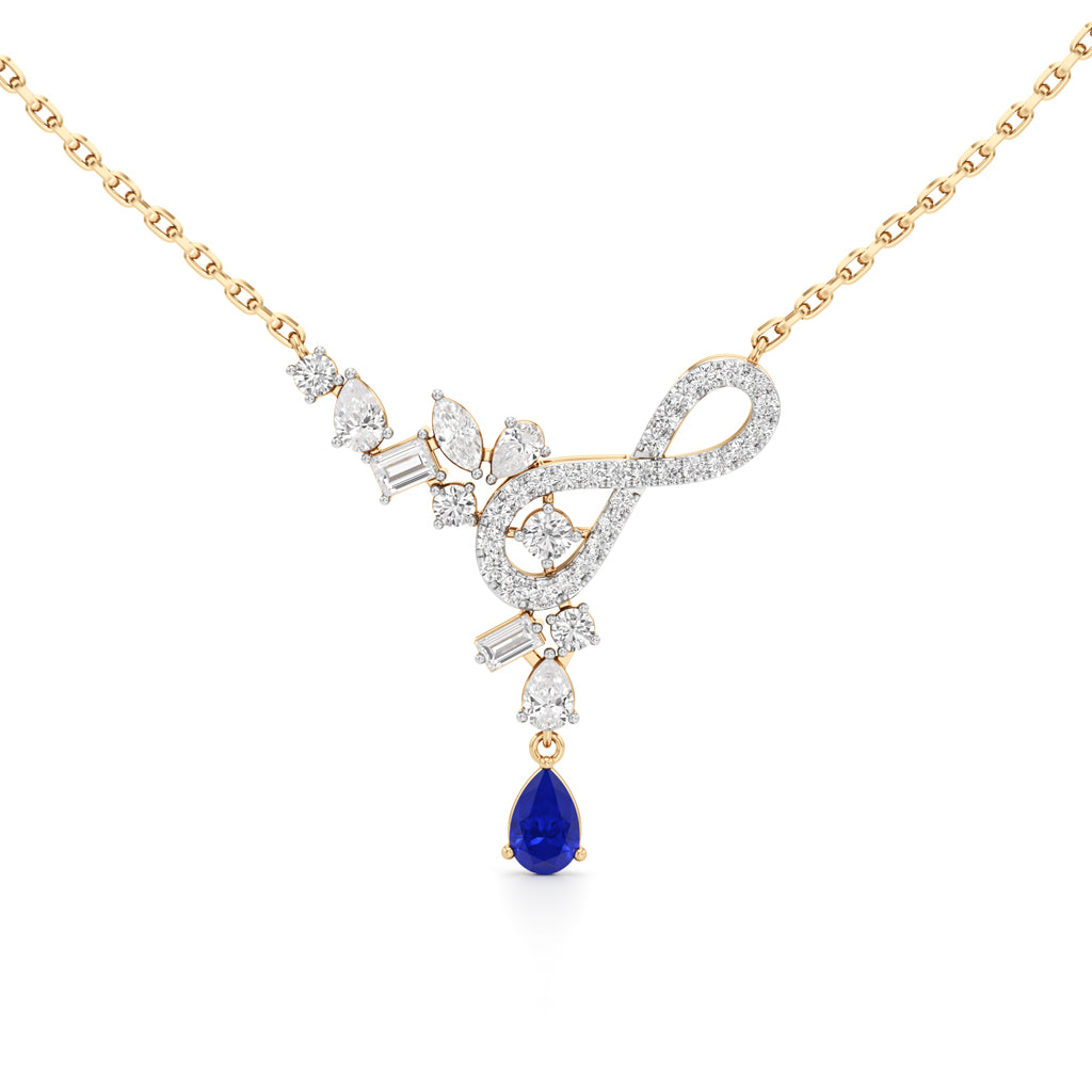 Elegant 925 Silver 18k Gold Plated Lab Grown Diamond & Blue Pear Sapphire Pendant