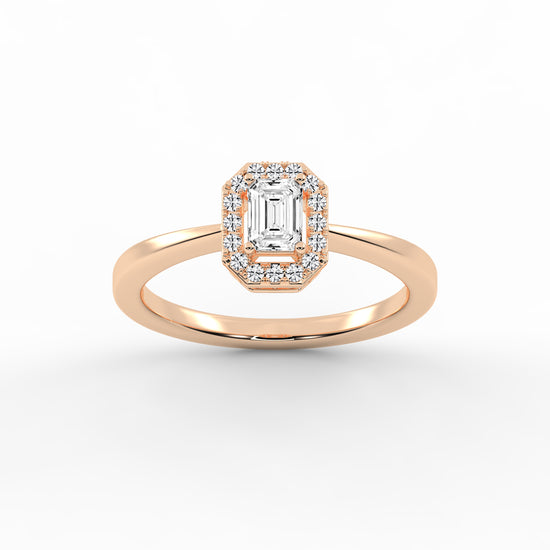 Halotica four prong emerald cut halo lab diamond ring