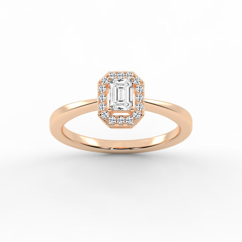 Halotica four prong emerald cut halo lab diamond ring