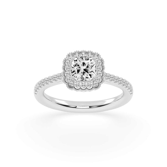 Halisira shared prong Cushion cut halo lab diamond ring