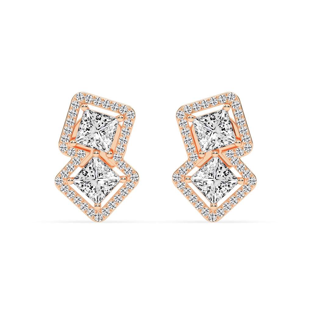 Double Square Halo Drop Earrings