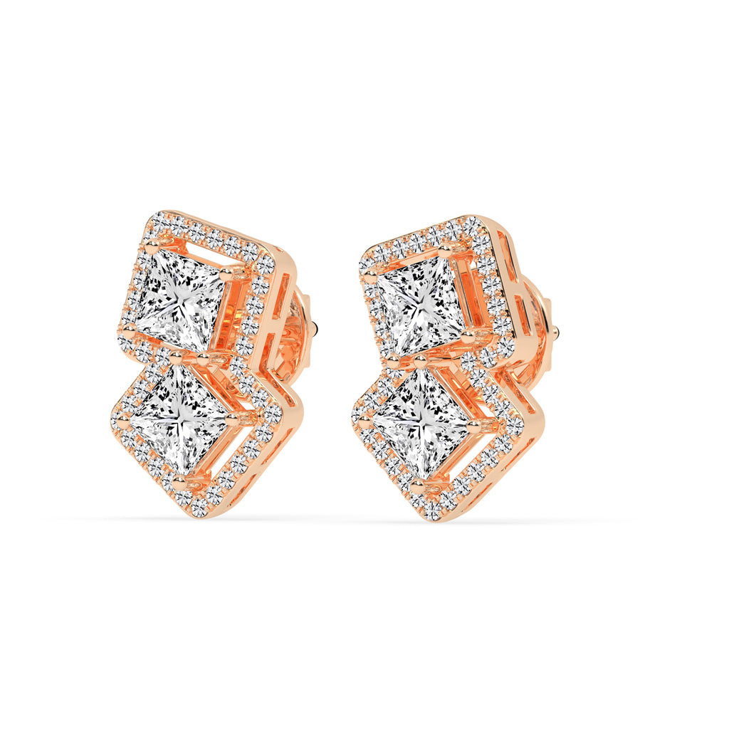 Double Square Halo Drop Earrings