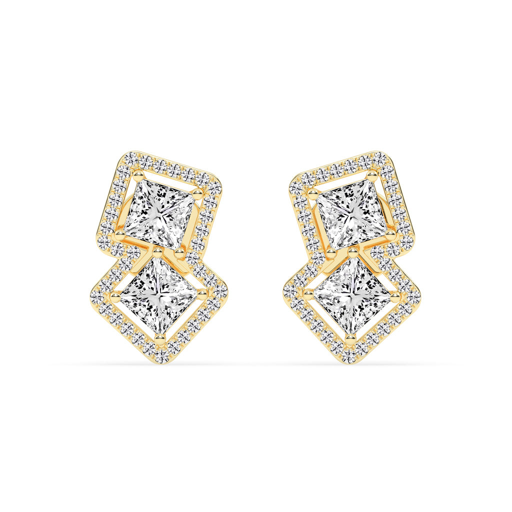 Double Square Halo Drop Earrings