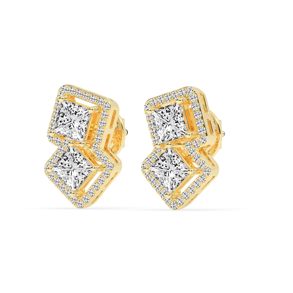 Double Square Halo Drop Earrings