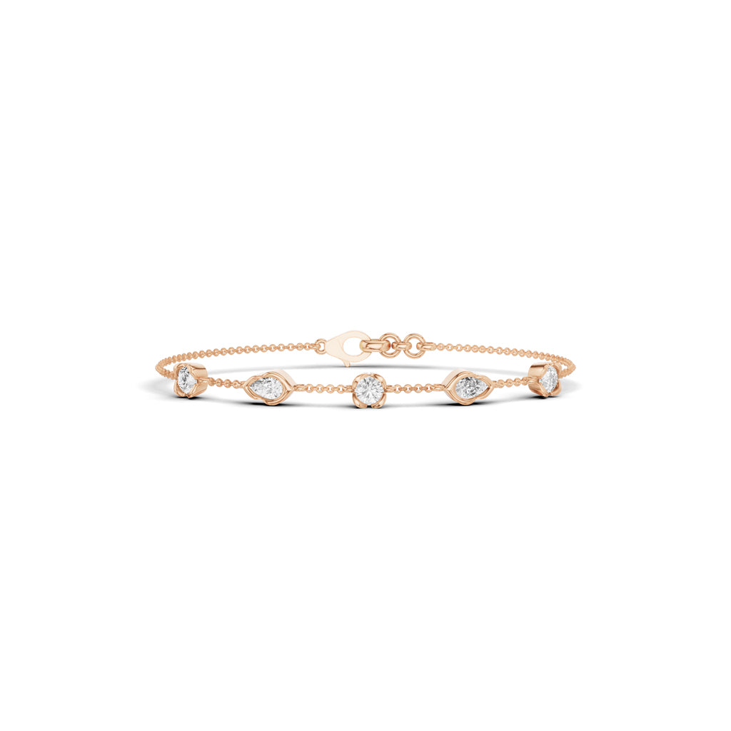 Luxury MultiShape Pear and Round Cut Diamond Station Chain Bracelet  Elegant Yellow Gold Bezel Signature Jewelry
