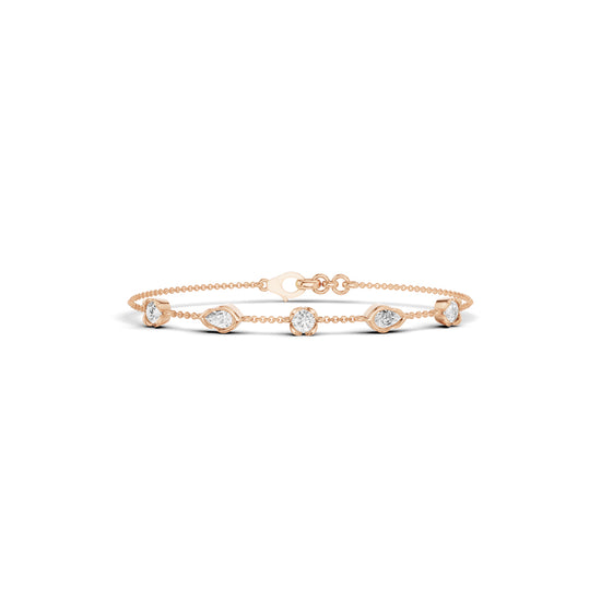 Luxury MultiShape Pear and Round Cut Diamond Station Chain Bracelet  Elegant Yellow Gold Bezel Signature Jewelry
