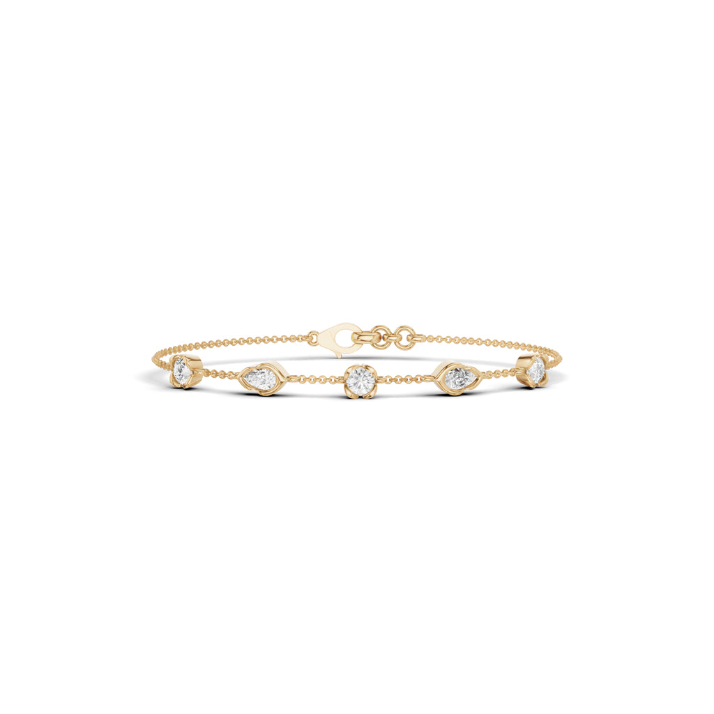 Luxury MultiShape Pear and Round Cut Diamond Station Chain Bracelet  Elegant Yellow Gold Bezel Signature Jewelry
