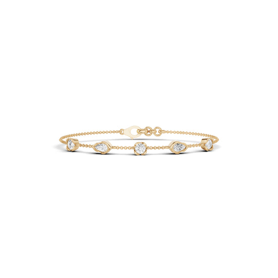 Luxury MultiShape Pear and Round Cut Diamond Station Chain Bracelet  Elegant Yellow Gold Bezel Signature Jewelry