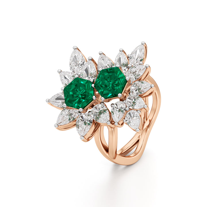 Hexagon Emerald & Pear Diamond Cluster Ring