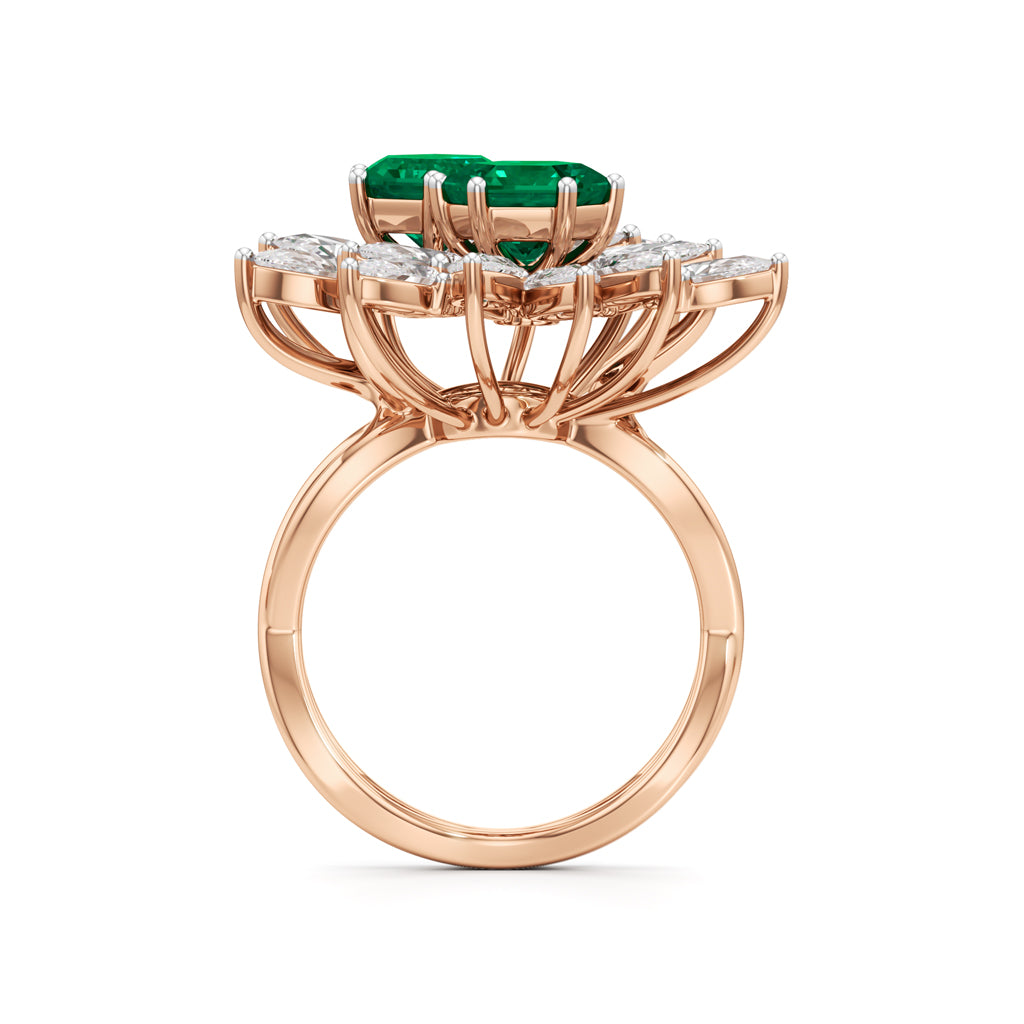 Hexagon Emerald & Pear Diamond Cluster Ring