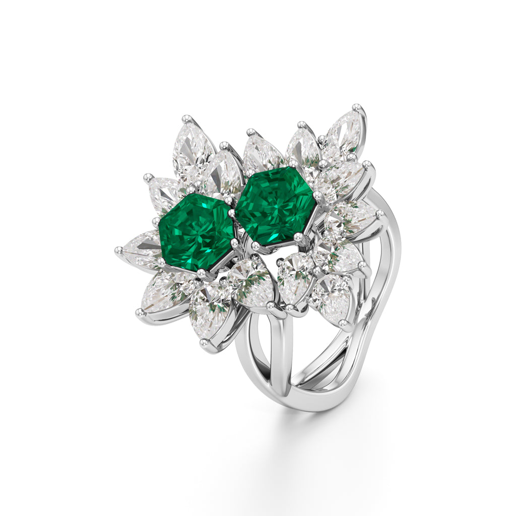 Hexagon Emerald & Pear Diamond Cluster Ring