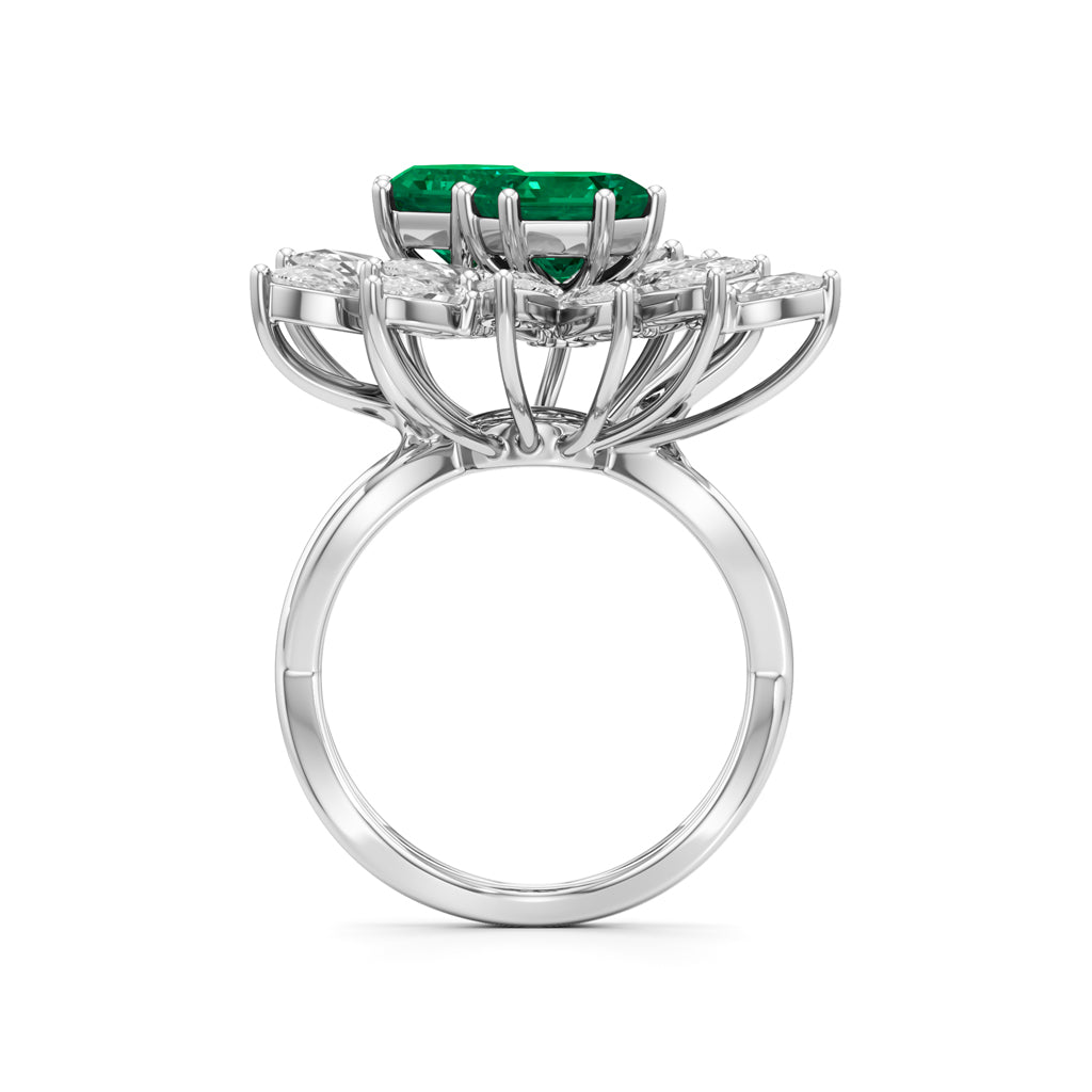 Hexagon Emerald & Pear Diamond Cluster Ring