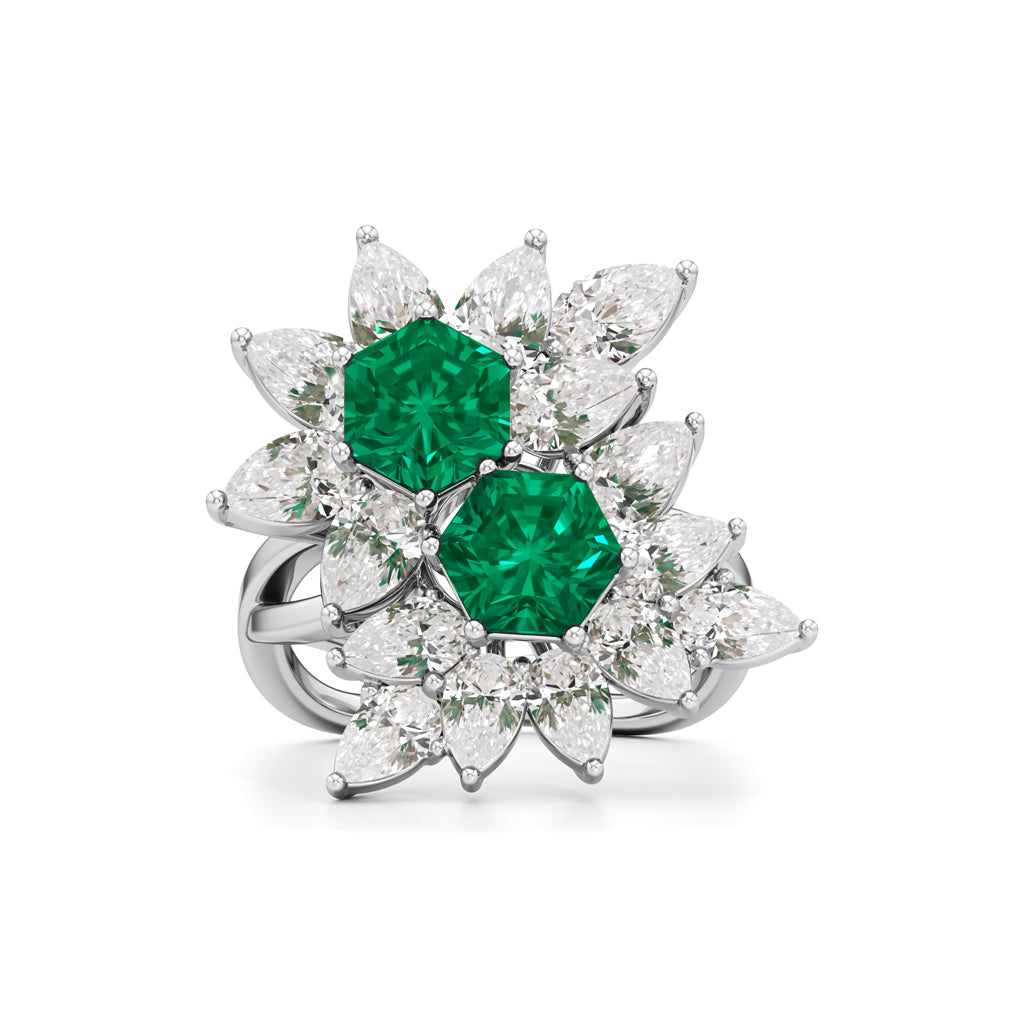 Hexagon Emerald  Pear Diamond Cluster Ring