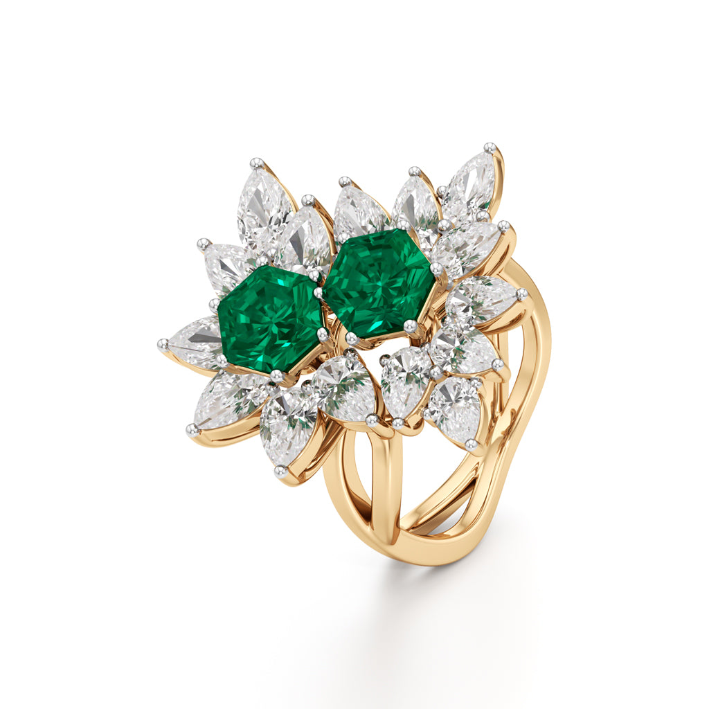 Hexagon Emerald & Pear Diamond Cluster Ring