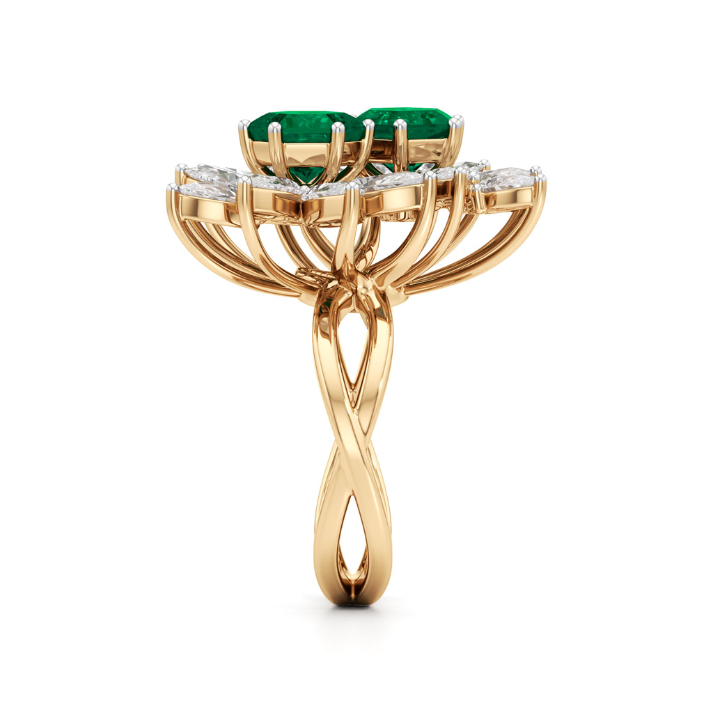 Hexagon Emerald & Pear Diamond Cluster Ring
