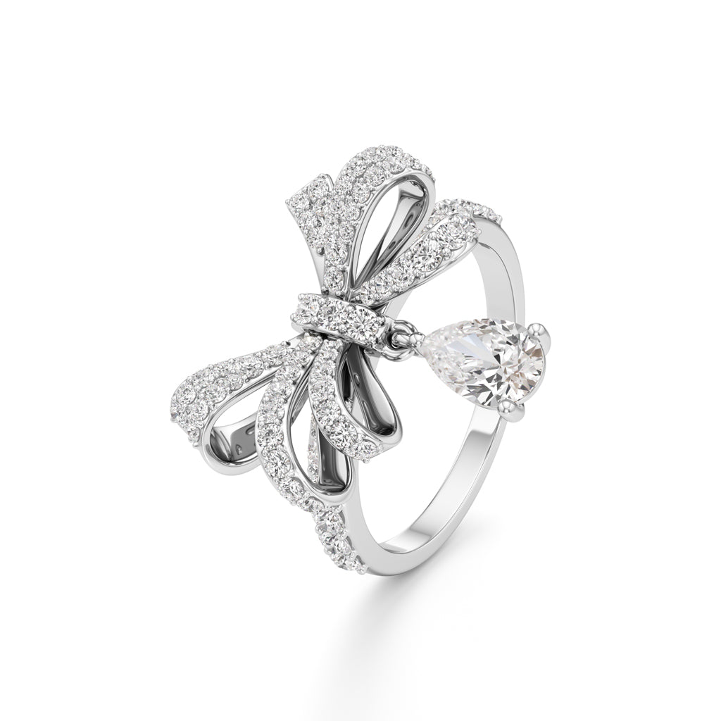 Dazzling Diamond Bow Ring with Dangling Pear