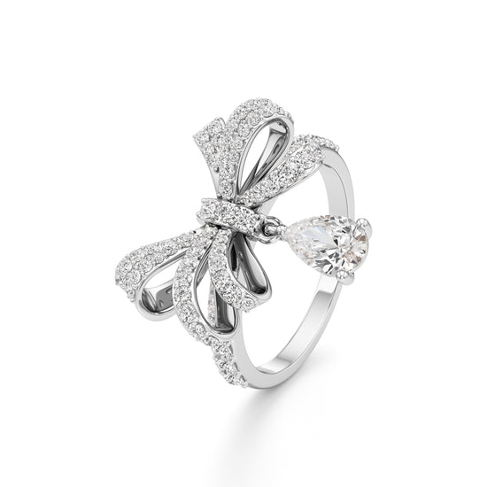 Dazzling Diamond Bow Ring with Dangling Pear