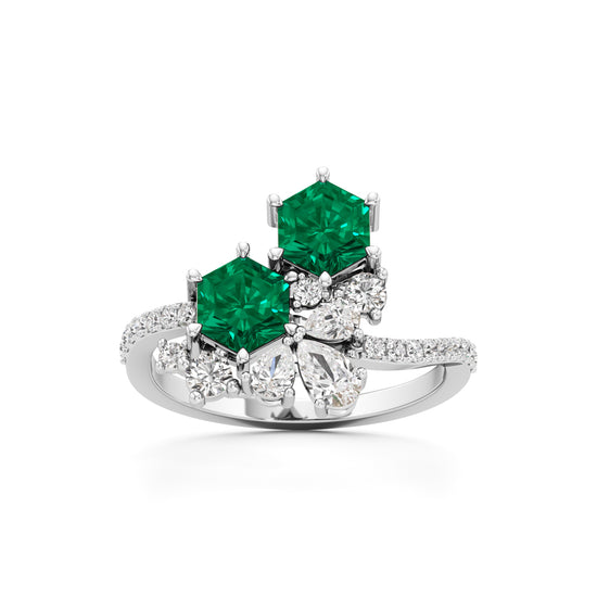 Hexagon Emerald  Diamond Cluster Swirl Ring