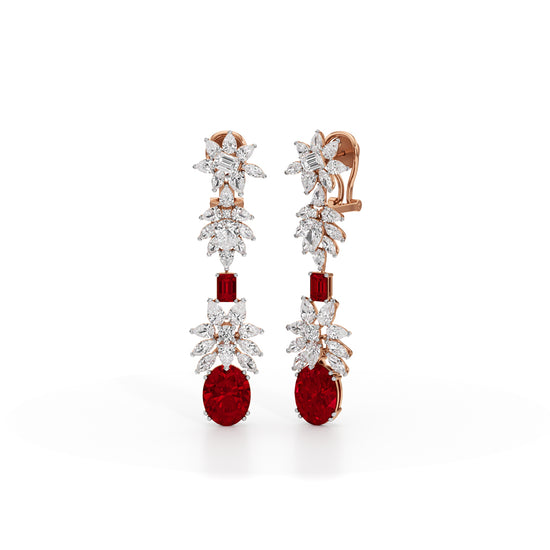 Diamond & Ruby Red Drop Dangle Earrings