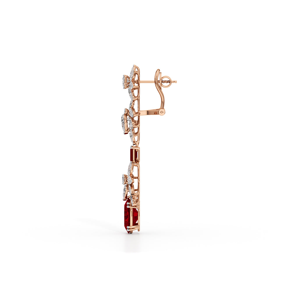 Diamond & Ruby Red Drop Dangle Earrings