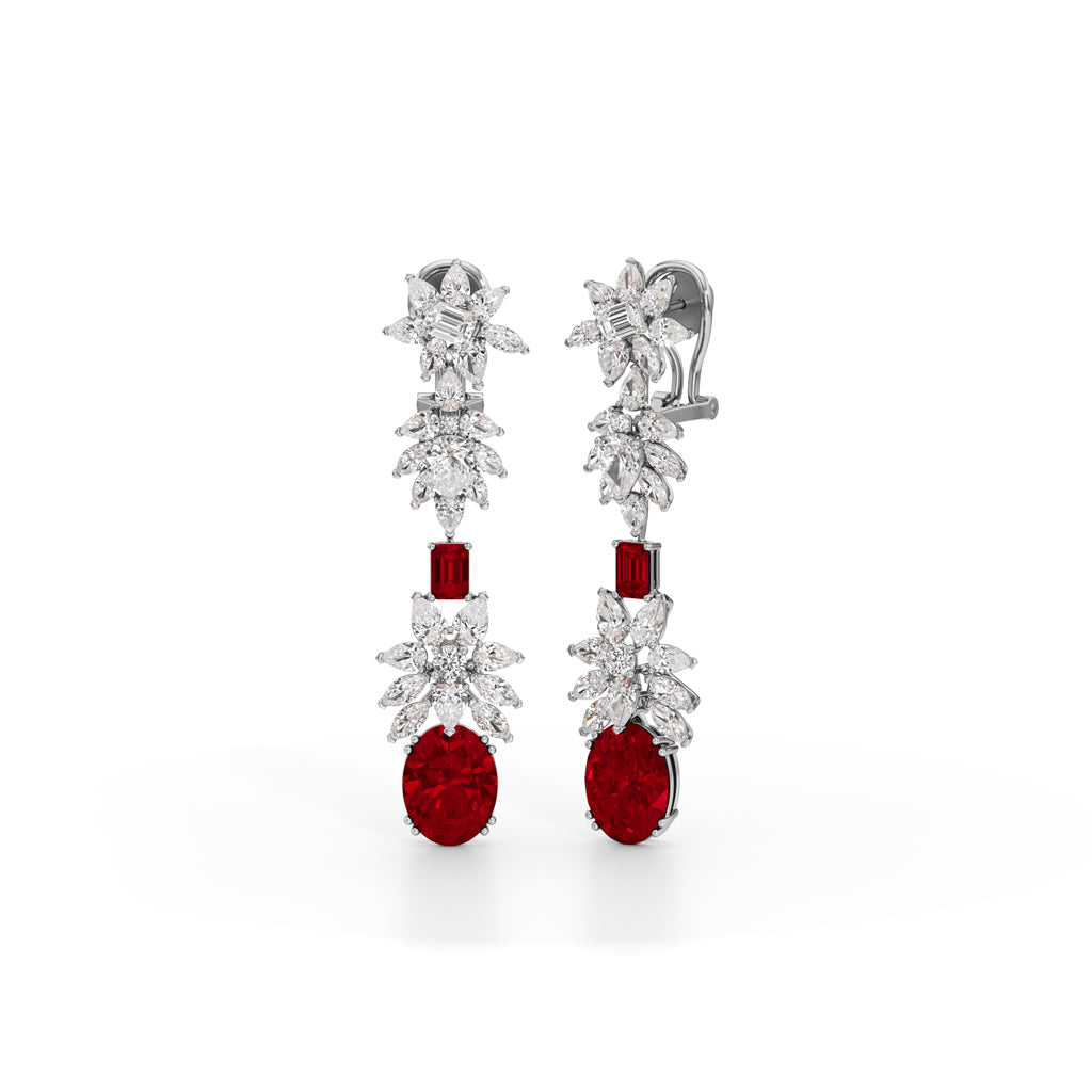 Diamond & Ruby Red Drop Dangle Earrings