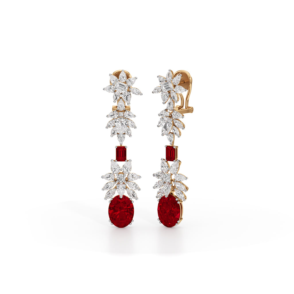Diamond & Ruby Red Drop Dangle Earrings
