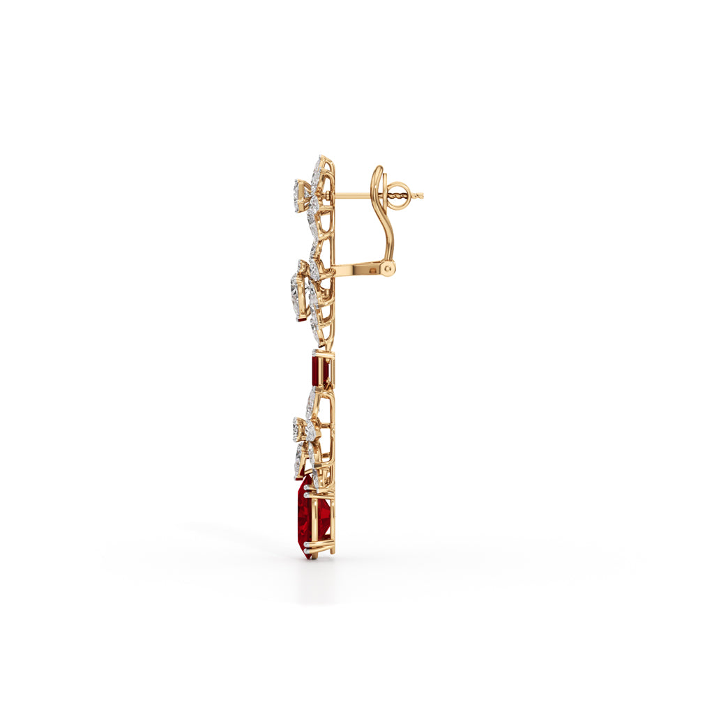 Diamond & Ruby Red Drop Dangle Earrings