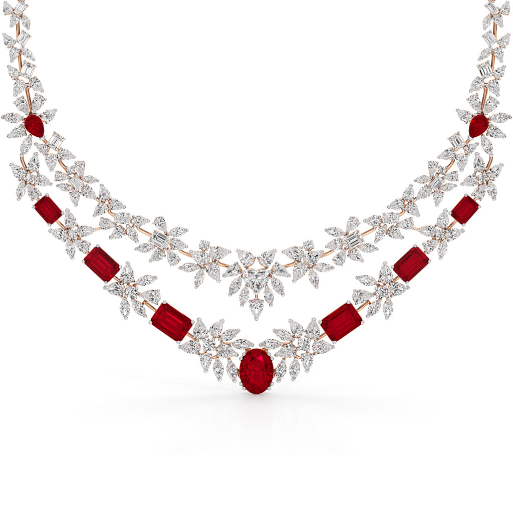 Diamond & Ruby Red Floral Cascade Necklace