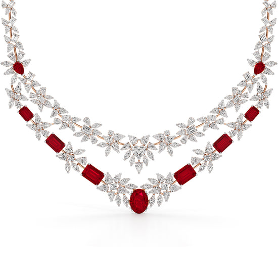 Diamond & Ruby Red Floral Cascade Necklace