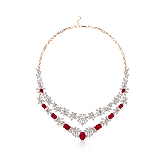Diamond & Ruby Red Floral Cascade Necklace