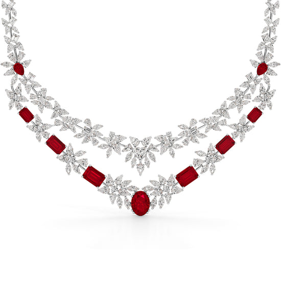 Diamond & Ruby Red Floral Cascade Necklace
