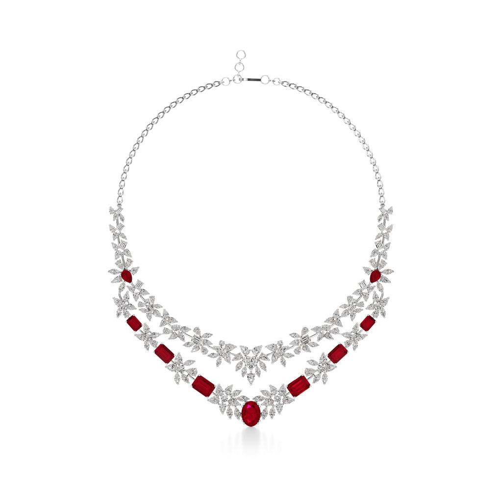Diamond & Ruby Red Floral Cascade Necklace