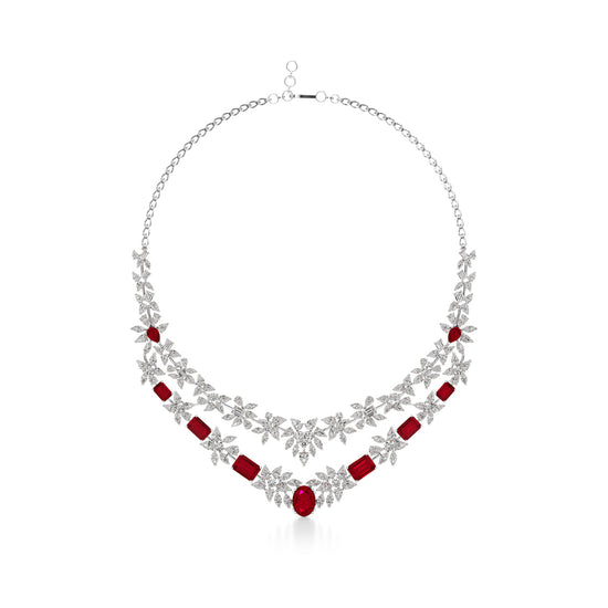Diamond & Ruby Red Floral Cascade Necklace