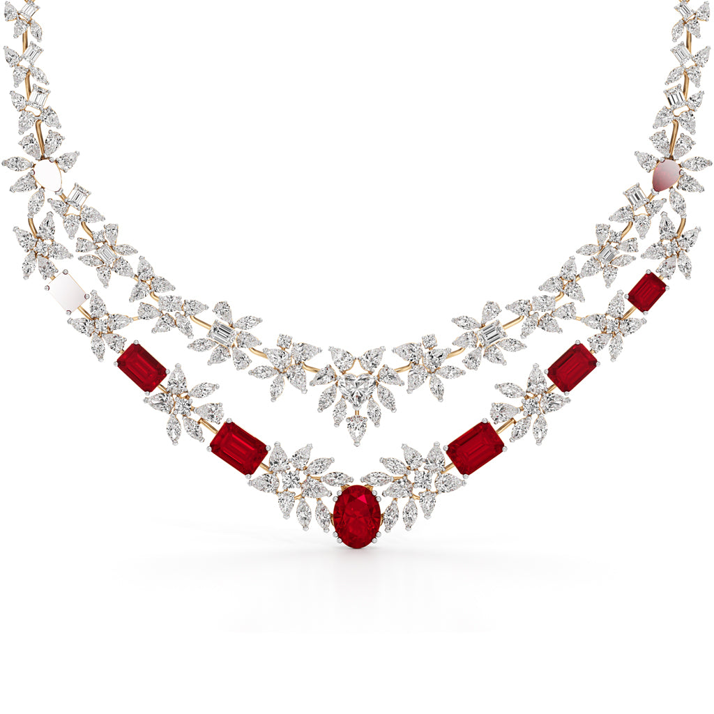 Diamond & Ruby Red Floral Cascade Necklace
