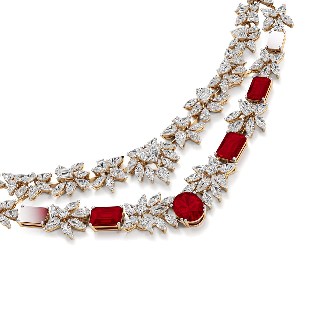 Diamond & Ruby Red Floral Cascade Necklace