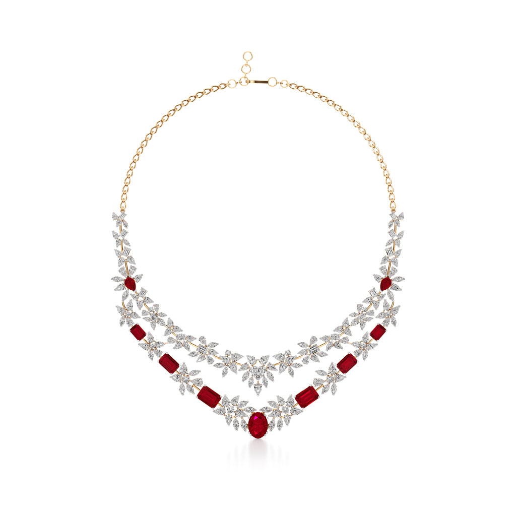 Diamond & Ruby Red Floral Cascade Necklace