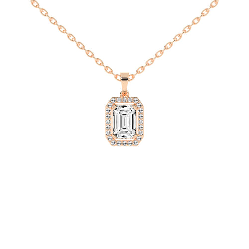 Jovelle Four Prong Emerald Cut Halo Lab Diamond Pendant