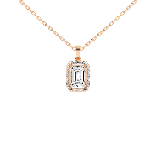 Jovelle Four Prong Emerald Cut Halo Lab Diamond Pendant