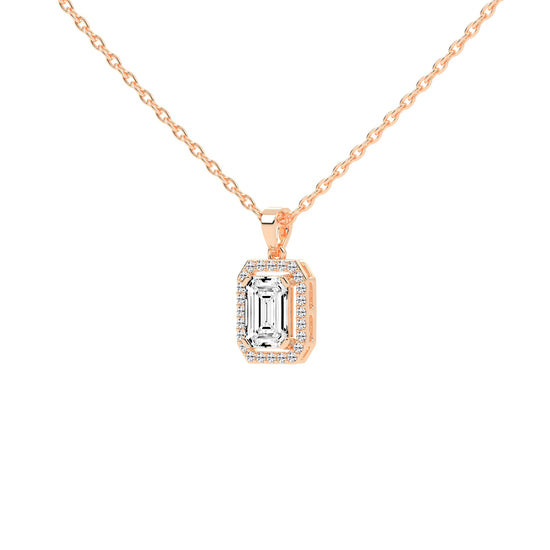 Jovelle Four Prong Emerald Cut Halo Lab Diamond Pendant