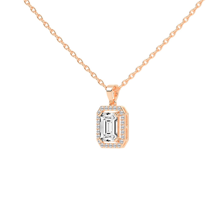 Jovelle Four Prong Emerald Cut Halo Lab Diamond Pendant