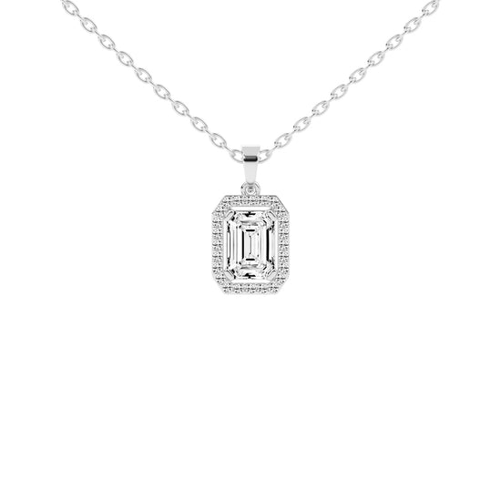 Jovelle Four Prong Emerald Cut Halo Lab Diamond Pendant