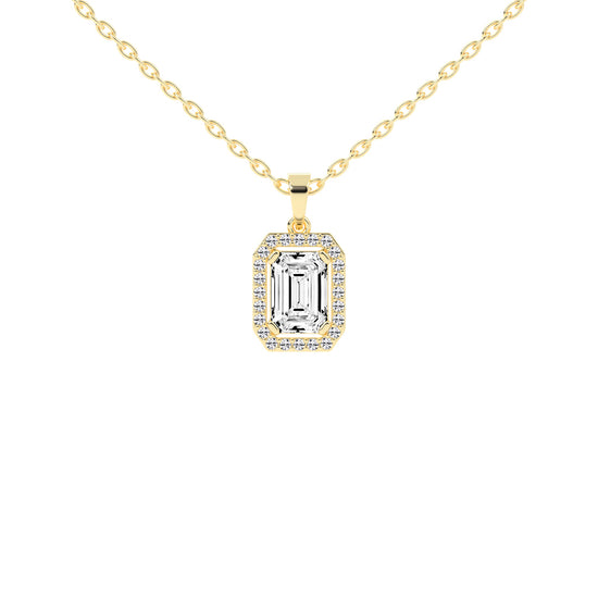 Jovelle Four Prong Emerald Cut Halo Lab Diamond Pendant