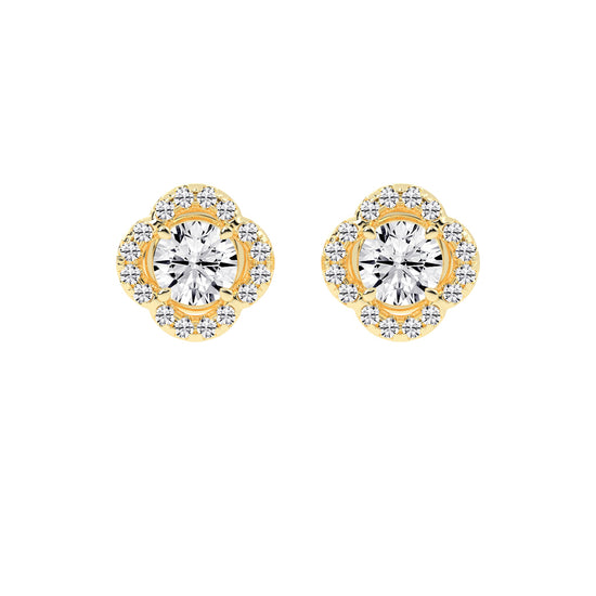 1.5Ct Round Shape Yellow Gold Halo Studs Earrings