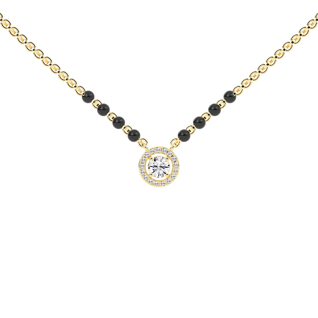 Classic 925 Silver  18K Gold Plated Halo Solitaire Mangalsutra Necklace with Black Beads
