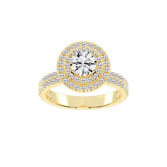 Double Halo Diamond Engagement Ring with Pave Band