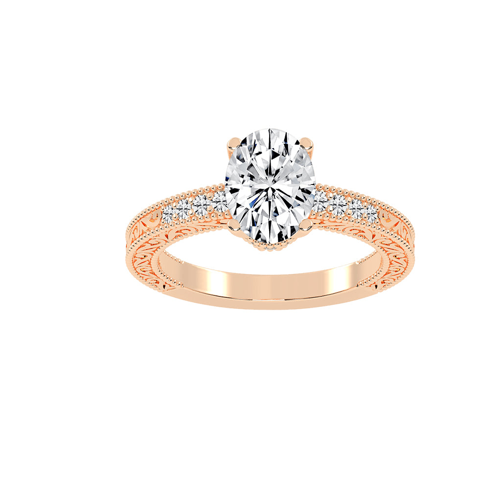 Trioside Filigree Oval Cut Side Stone Lab Diamond Ring
